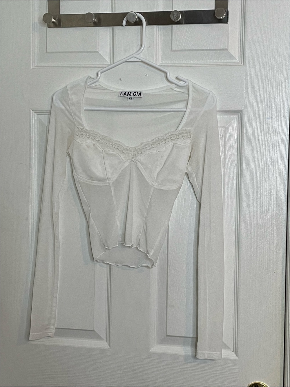I.AM.GIA Gianna White Long Sleeve Lace Trim Sheer Mesh Top Size XS